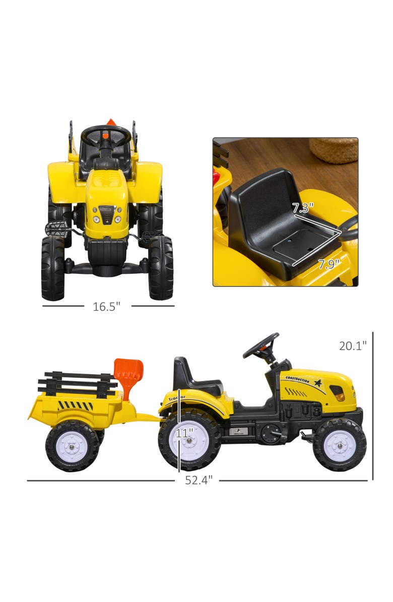 Aosom Kids Ride on Farm Tractor with Trailer, Tools, Horn, Alternate, color, Yellow