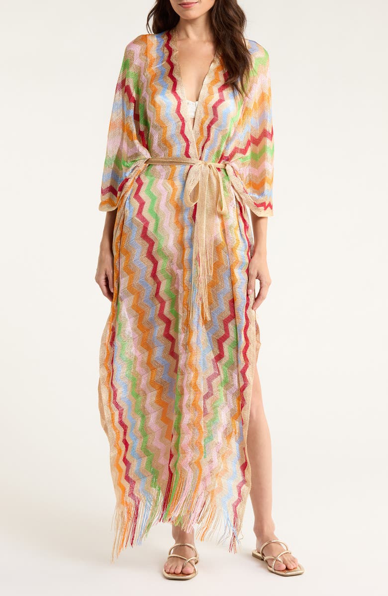 Elan Chevron Cover-Up Caftan, Main, color, Beige Multi