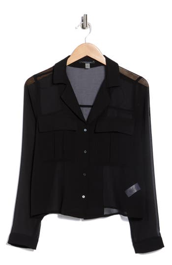 T Tahari Print Long Sleeve Crop Blouse In Black