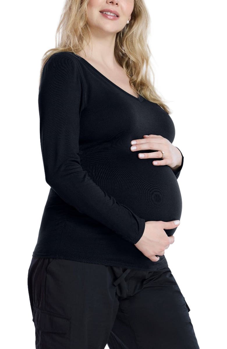 MOTHERHOOD MATERNITY V-Neck Side-Ruched Maternity Long Sleeve Tee, Alternate, color, Black