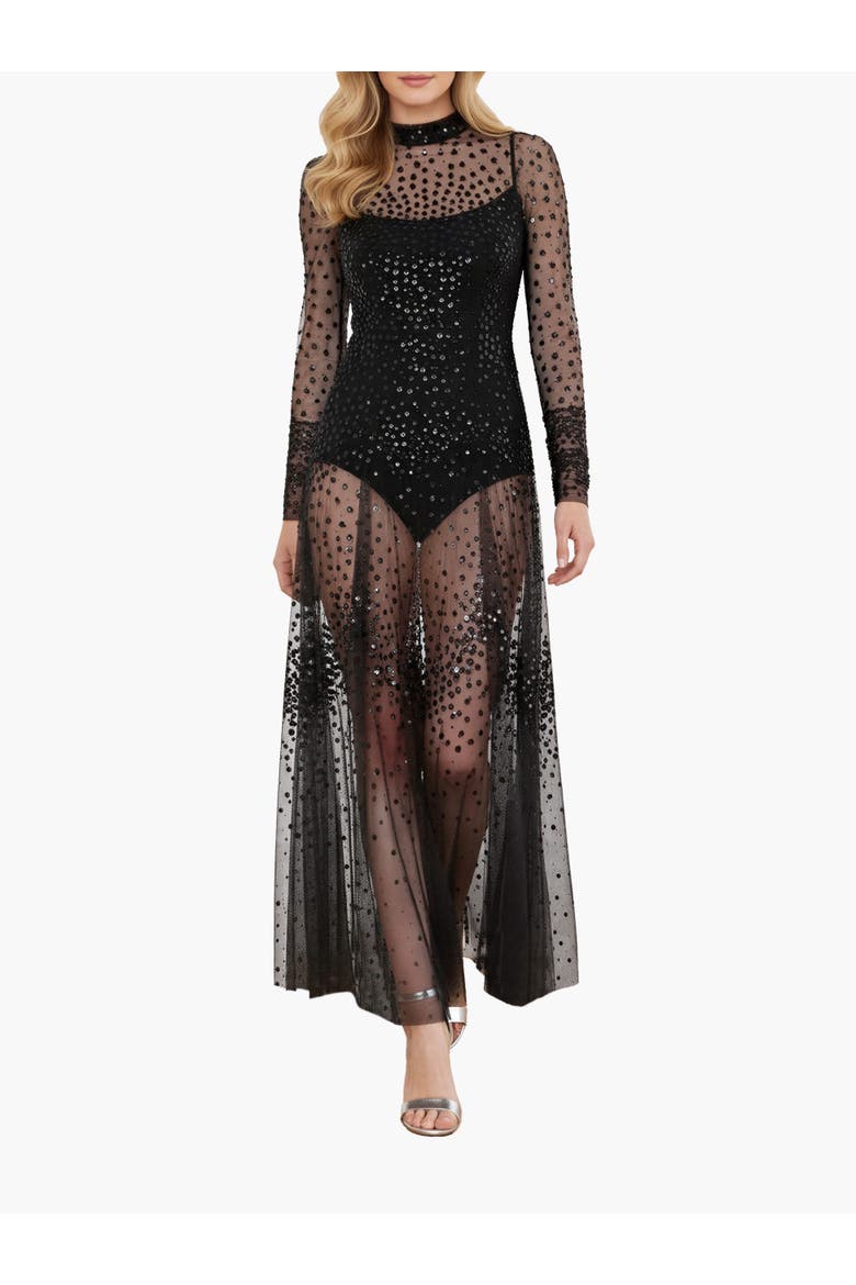 Scallop Sequin Sheer Bow Ankle Gown, Main, color, Graphite