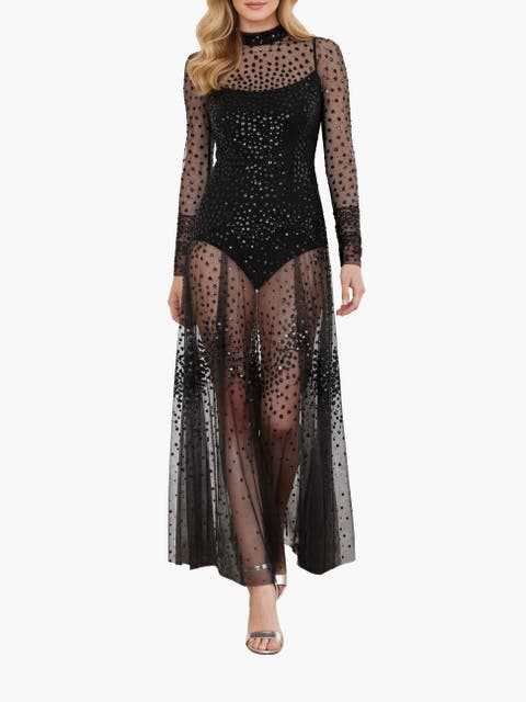 Scallop Sequin Sheer Bow Ankle Gown