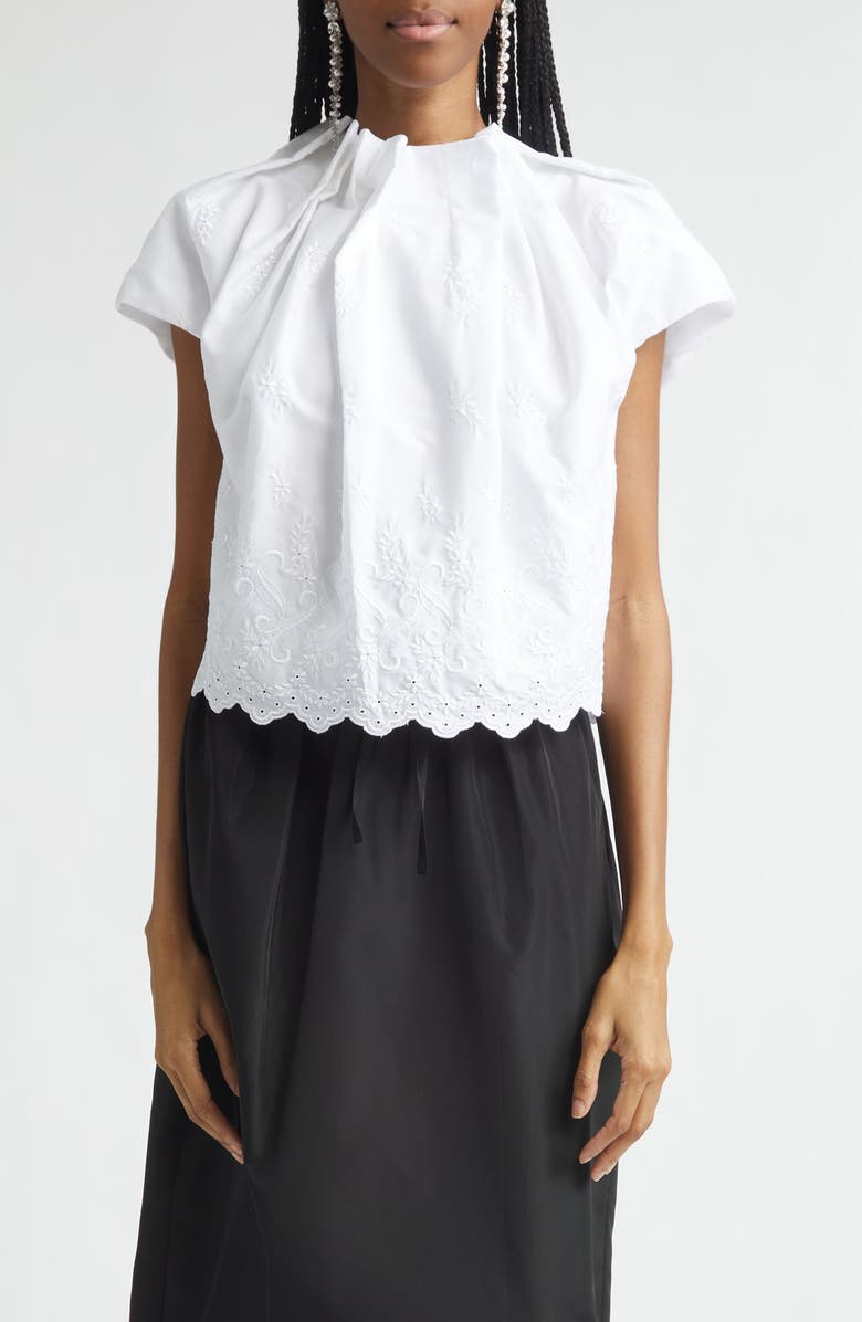 Simone Rocha Pleated Cotton Poplin Tulip Top, Main, color, White