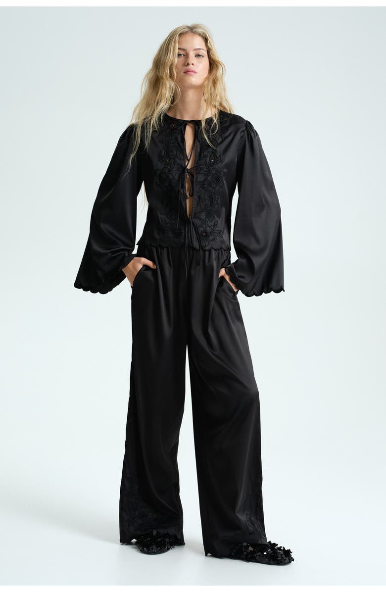 H&M Tie-front satin blouse, Alternate, color, Black