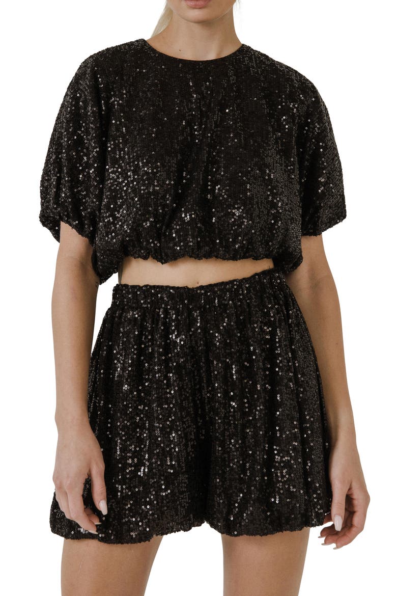 Sequin Puff Crop Top, Main, color, BLACK