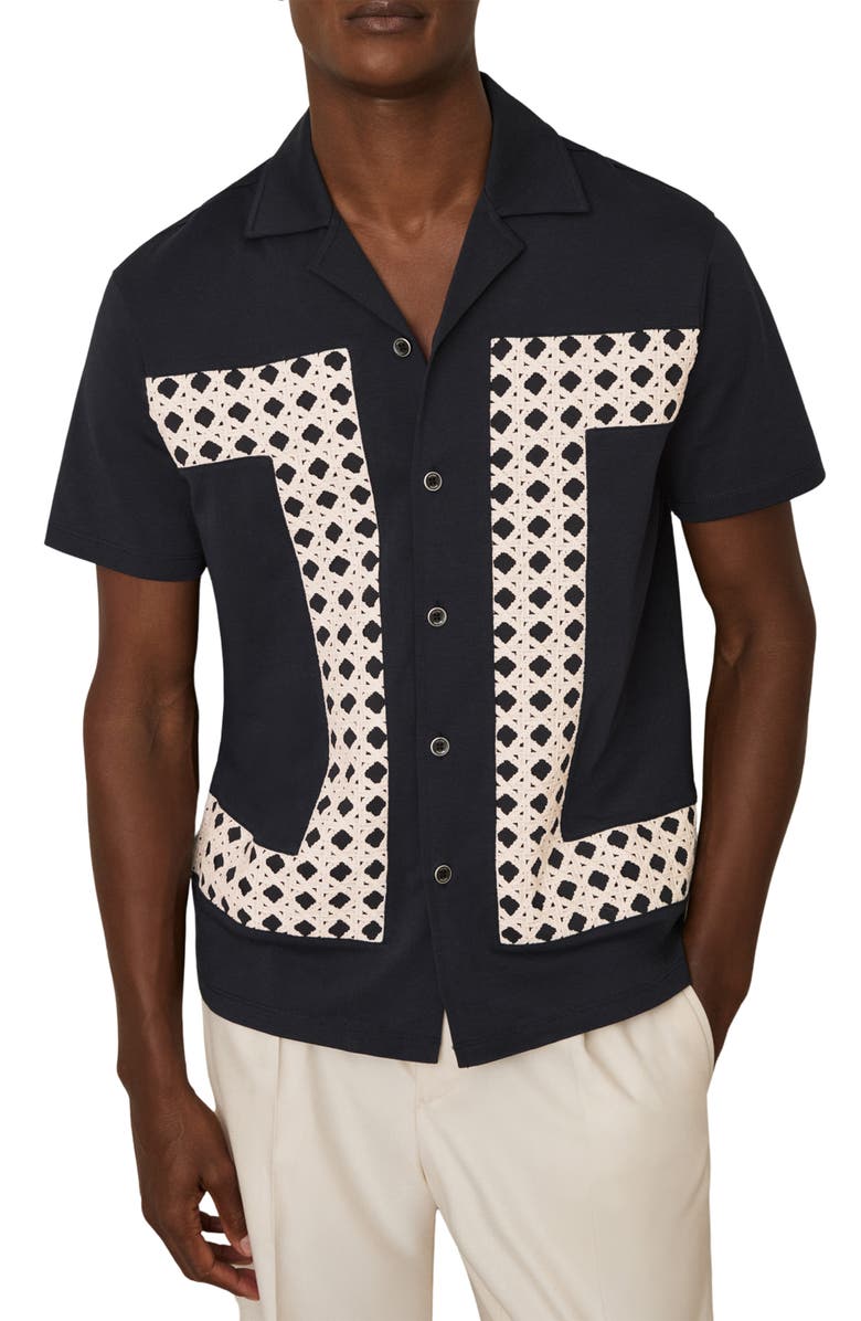 Reiss Cadore Overlay Detail Camp Shirt, Main, color, Navy