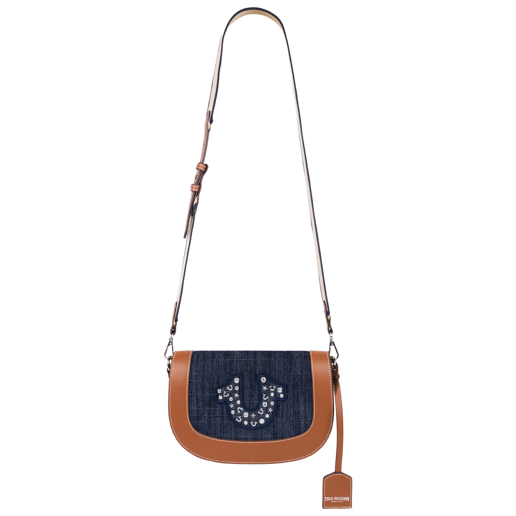 True Religion Studded Logo Denim Flap Bag, Alternate, color, 