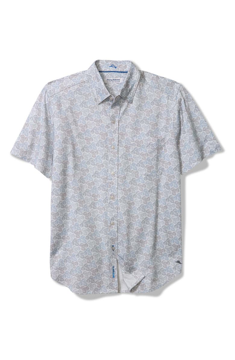 Tommy Bahama San Lucio Tri Leaf Geo Print IslandZone<sup>®</sup> Short Sleeve Button-Up Shirt, Main, color, Avalanche