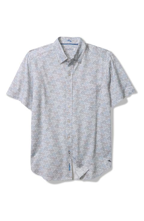 San Lucio Tri Leaf Geo Print IslandZone® Short Sleeve Button-Up Shirt