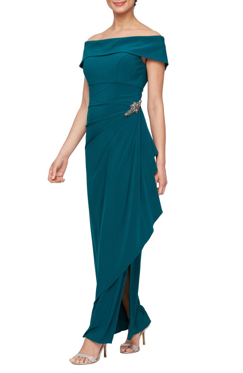 Alex Evenings Embellished Off the Shoulder Column Gown, Main, color, Deep Teal