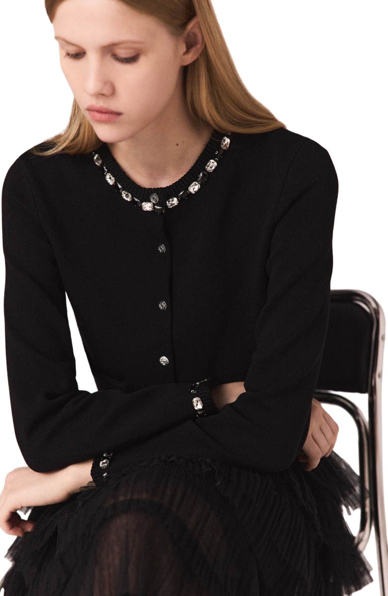 maje Cropped jewellery detail cardigan, Alternate, color, Black