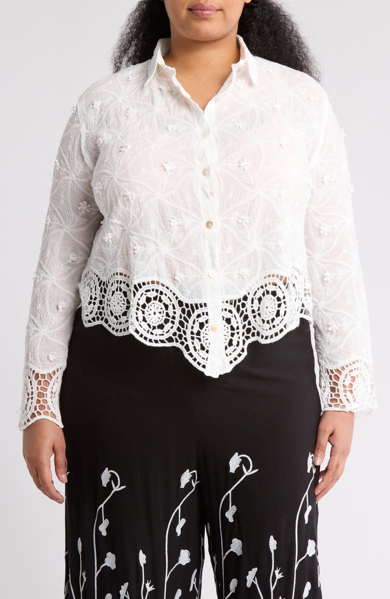 Forgotten Grace Floral Lace Trim Long Sleeve Button-Up Shirt, Main, color, White