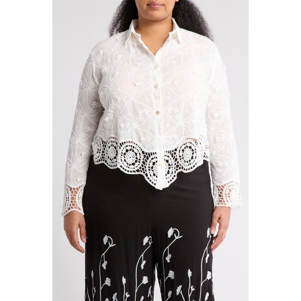 FORGOTTEN GRACE FORGOTTEN GRACE FLORAL LACE TRIM LONG SLEEVE BUTTON-UP SHIRT