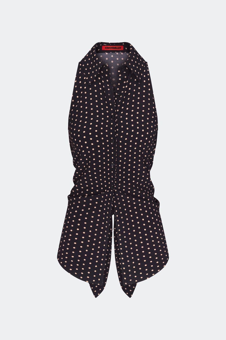 Loch Sleeveless Crepe Button Up, Main, color, Black/Tan Polka Dot