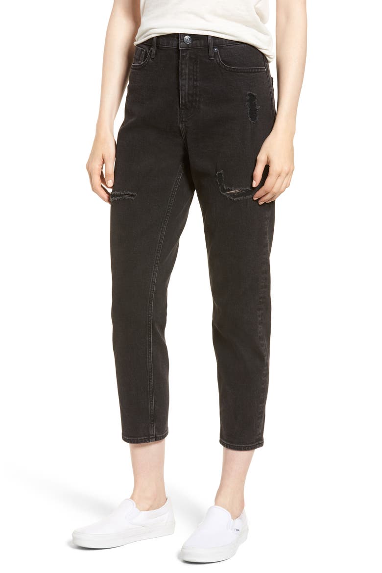 High Waist Crop Mom Jeans, Main, color, WASHED BLACK