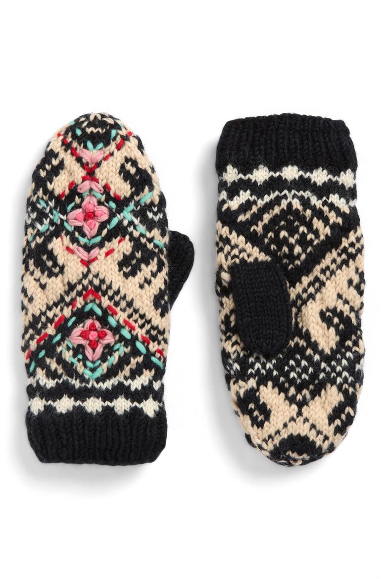 Ingrid Hand Knit Wool Mittens, Main, color, BLACK