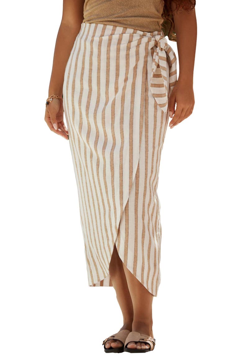 Stripe Linen Blend Faux Wrap Midi Skirt, Main, color, NEUTRAL