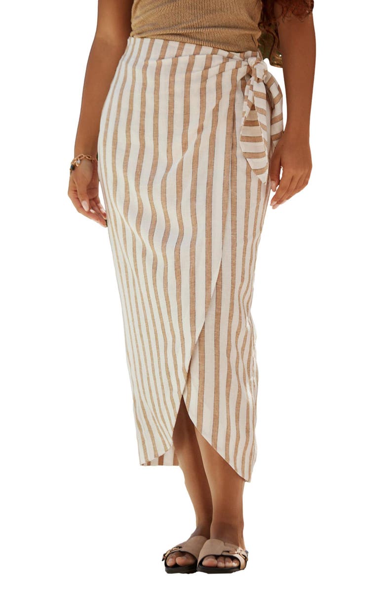 NEXT Stripe Linen Blend Faux Wrap Midi Skirt, Main, color, Neutral