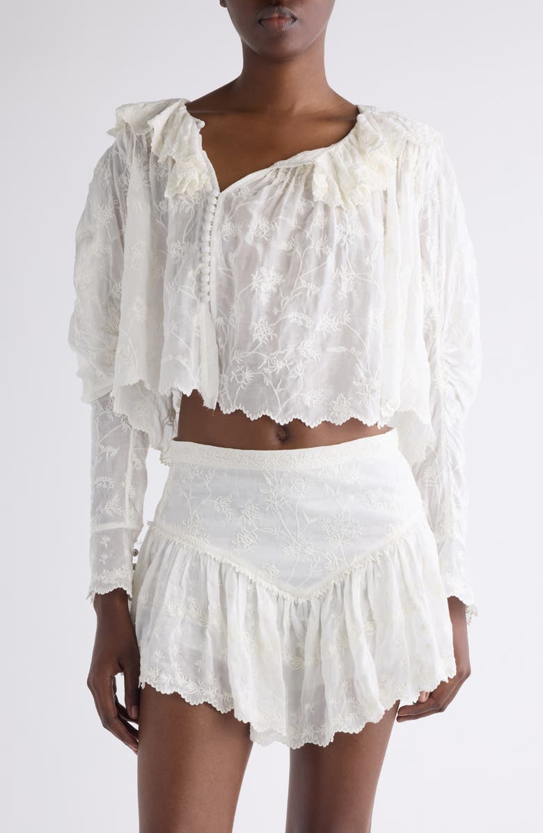 Isabel Marant Zelly Embroidered Asymmetric Cotton & Silk Crop Top, Main, color, White