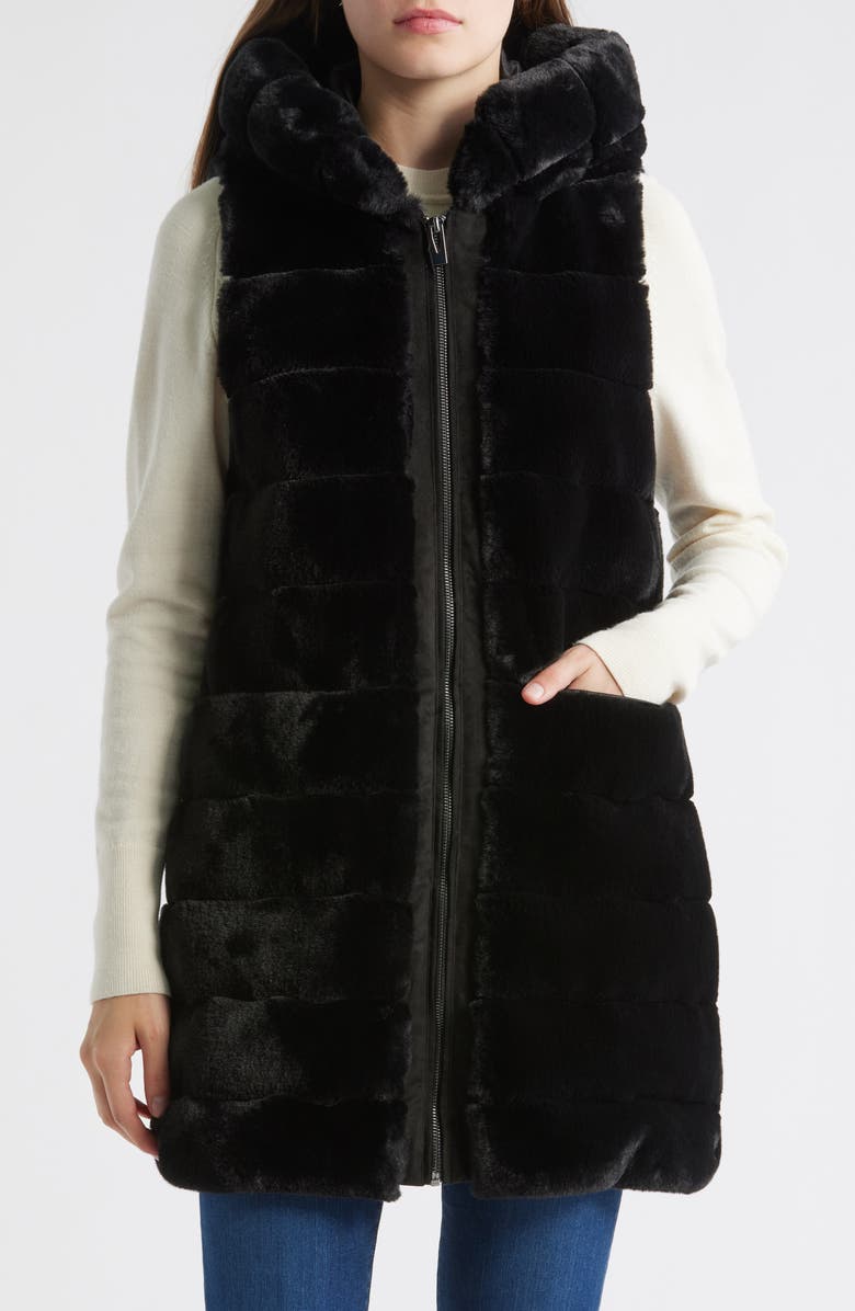 Via Spiga Hooded Quilted Faux Fur Vest, Main, color, Black