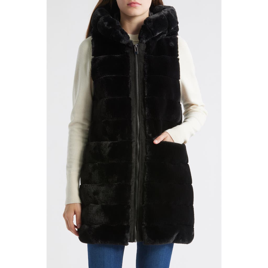 Via Spiga Hooded Quilted Faux Fur Vest In Black