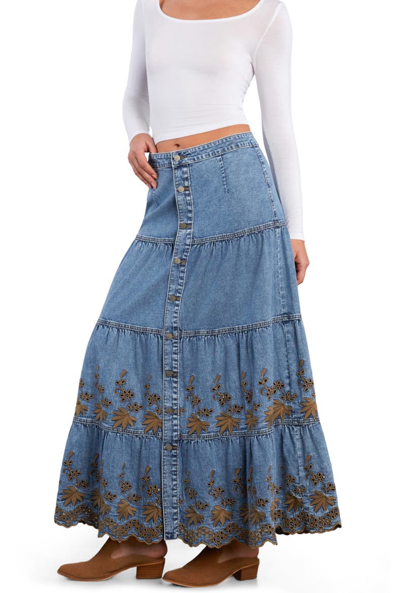 Tiered Eyelet Denim Midi Skirt, Alternate, color, BOHO DENIM