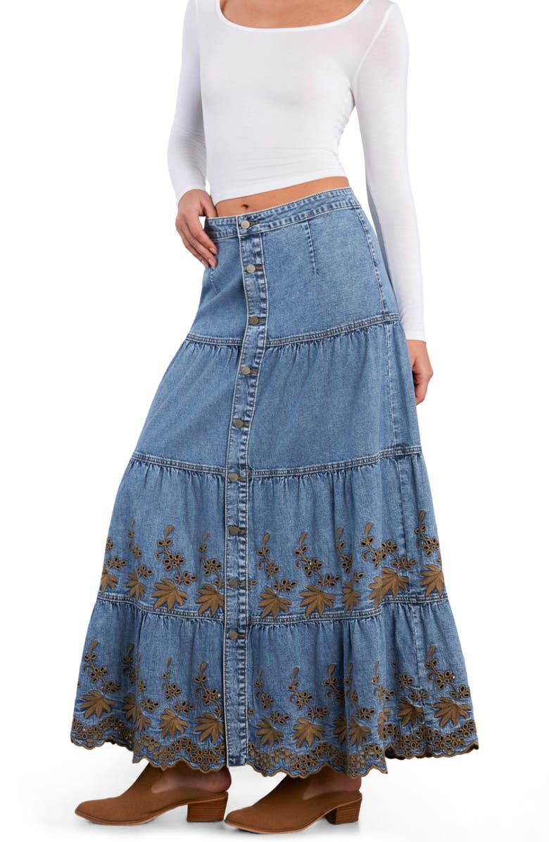 Wash Lab Denim Tiered Eyelet Denim Midi Skirt, Alternate, color, Sky Denim
