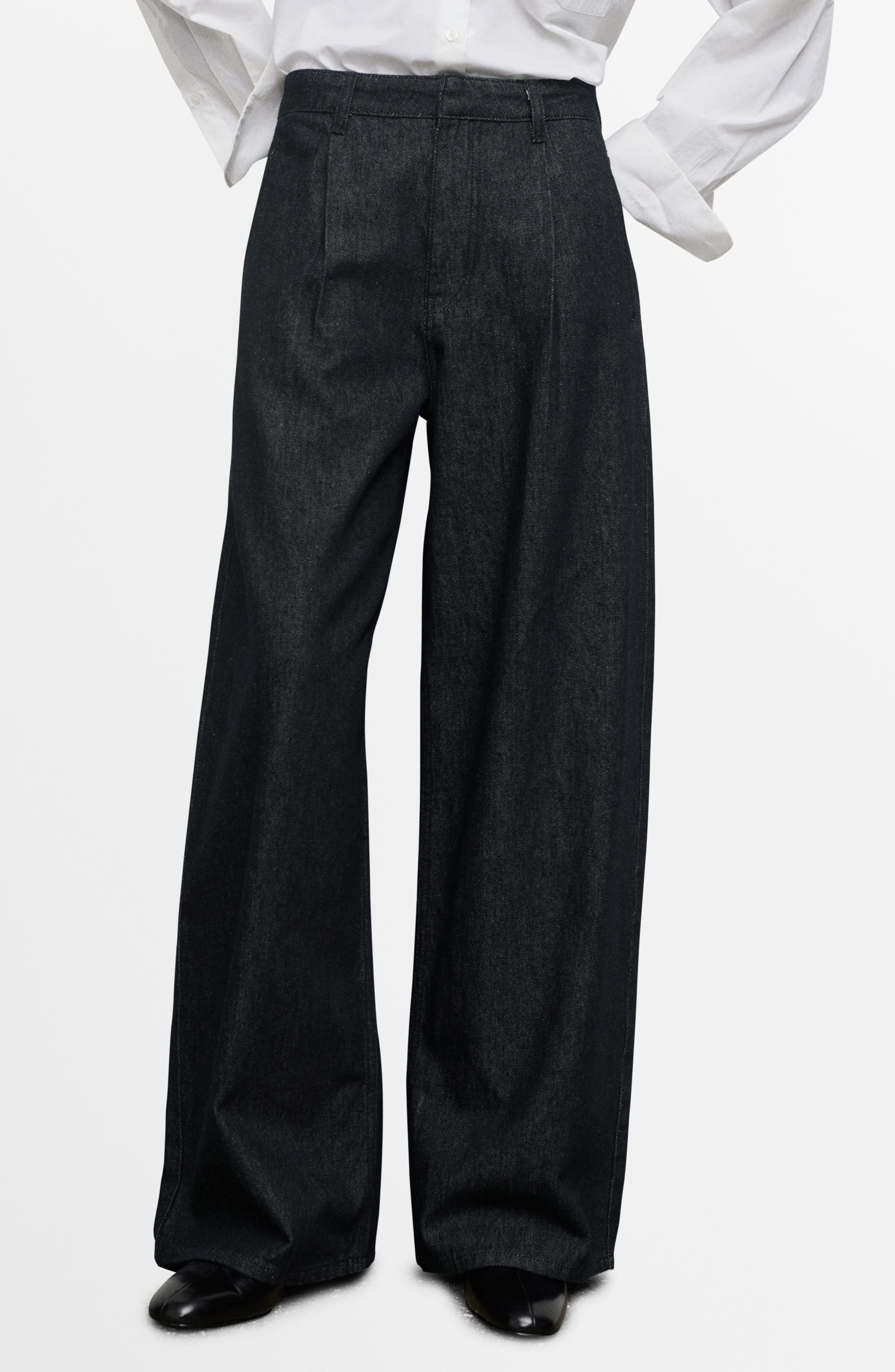 MANGO Wide Leg Pleated Denim Trousers
