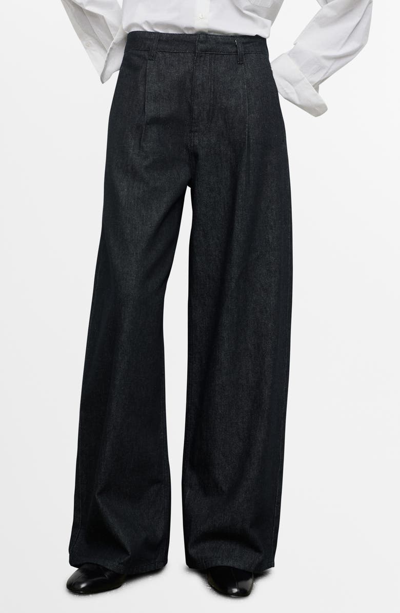 MANGO Wide Leg Pleated Denim Trousers, Main, color, Black