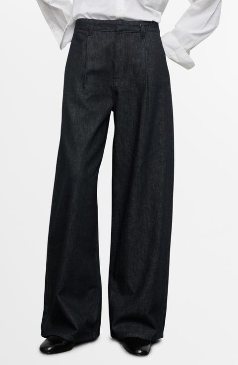 Wide Leg Pleated Denim Trousers