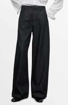 MANGO Wide Leg Pleated Denim Trousers