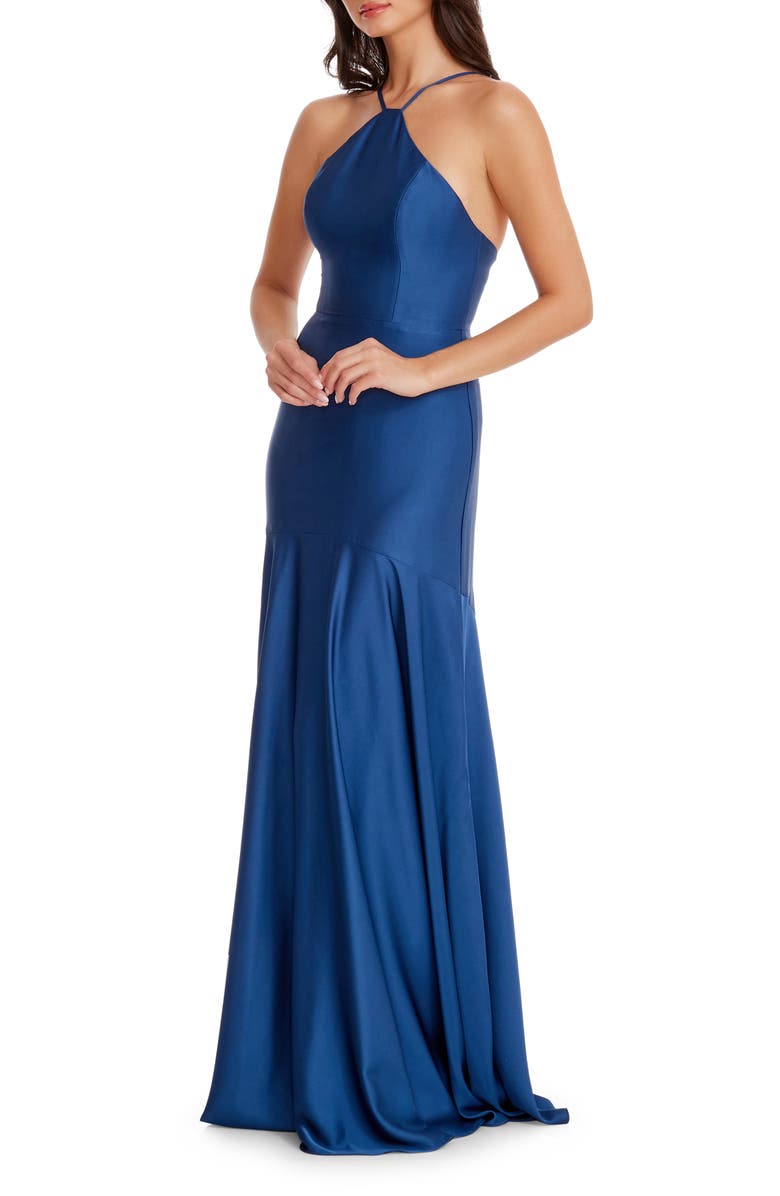 Dress the Population Justine Halter Satin Trumpet Gown, Alternate, color,