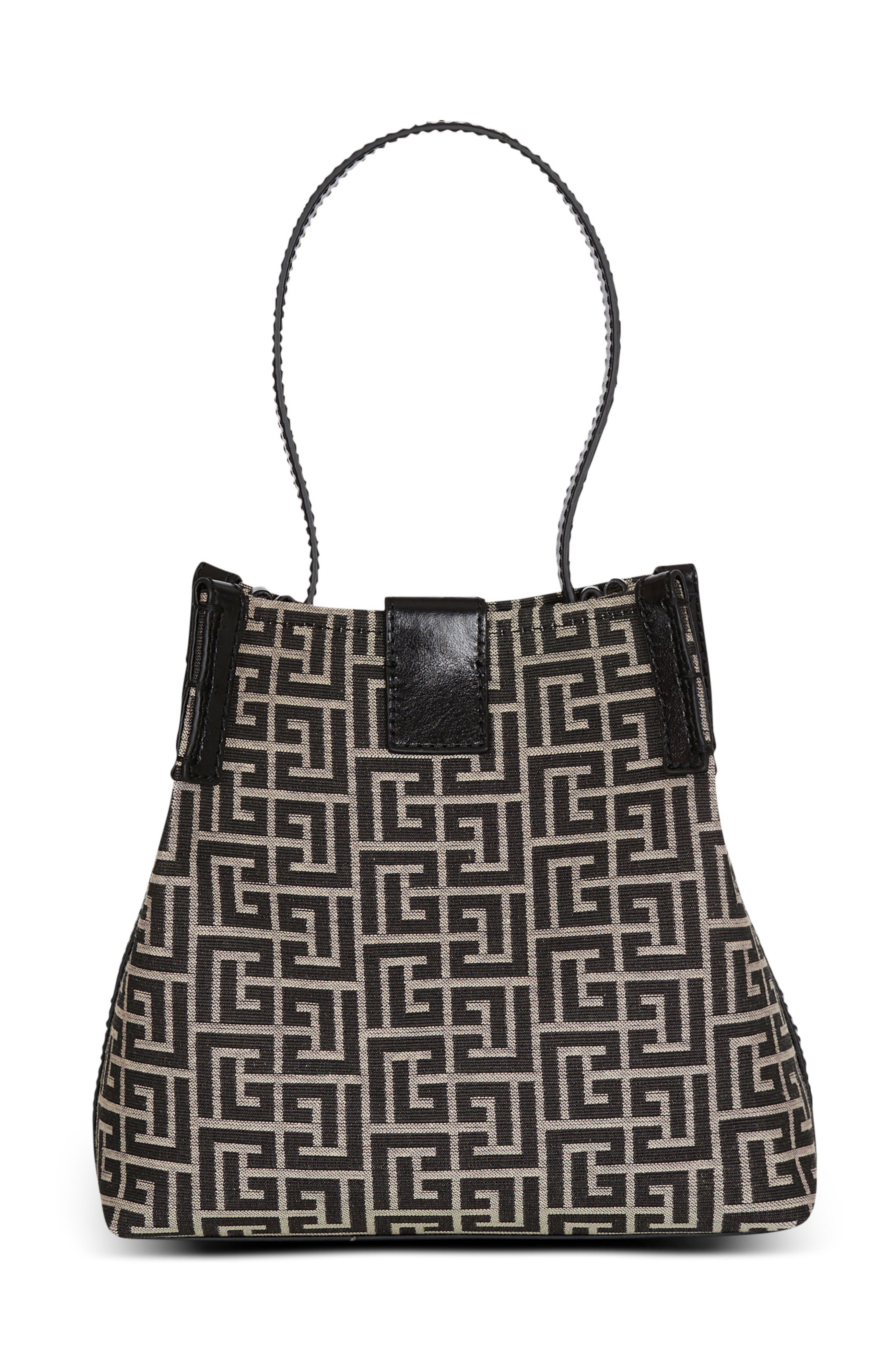 Balmain Release Bucket bag in jacquard and calfskin, Alternate, color, Black