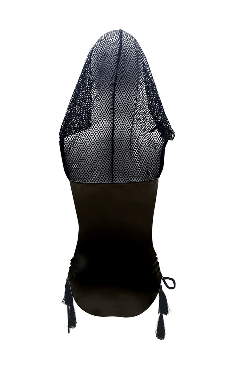 NESSI BYRD Sport Mesh Hooded with Tassel Side-Ties One-Piece Swimsuit, Toddler, Little Kid & Big Kid, Alternate, color, Black