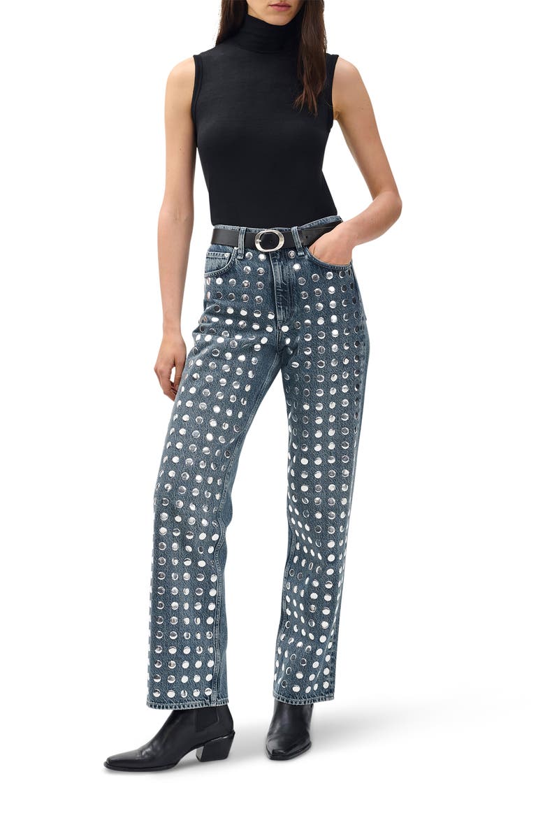 Shea Rhinestone Straight Leg Jeans, Alternate, color, BLUE