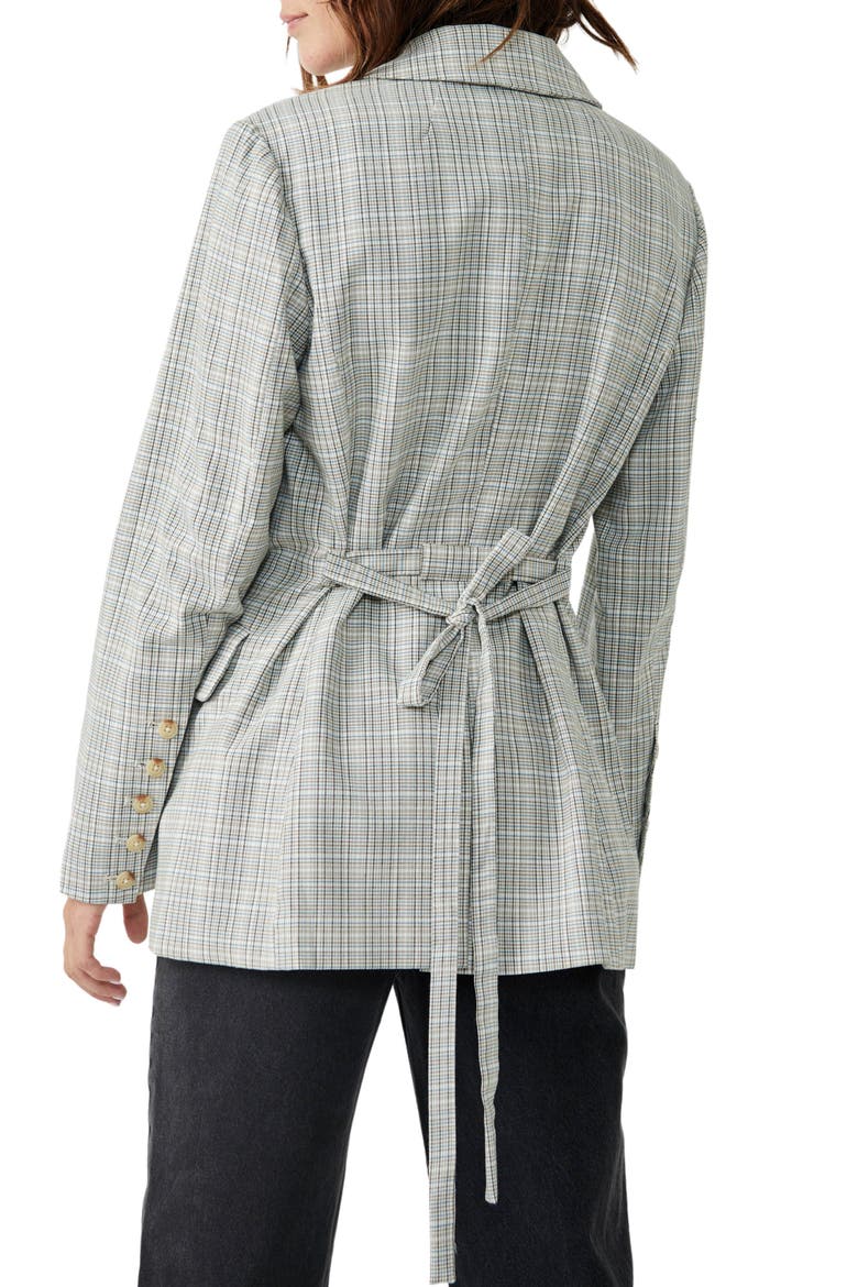 Olivia Tie Waist Plaid Double Breasted Blazer, Alternate, color, NATURAL PLAID COMBO