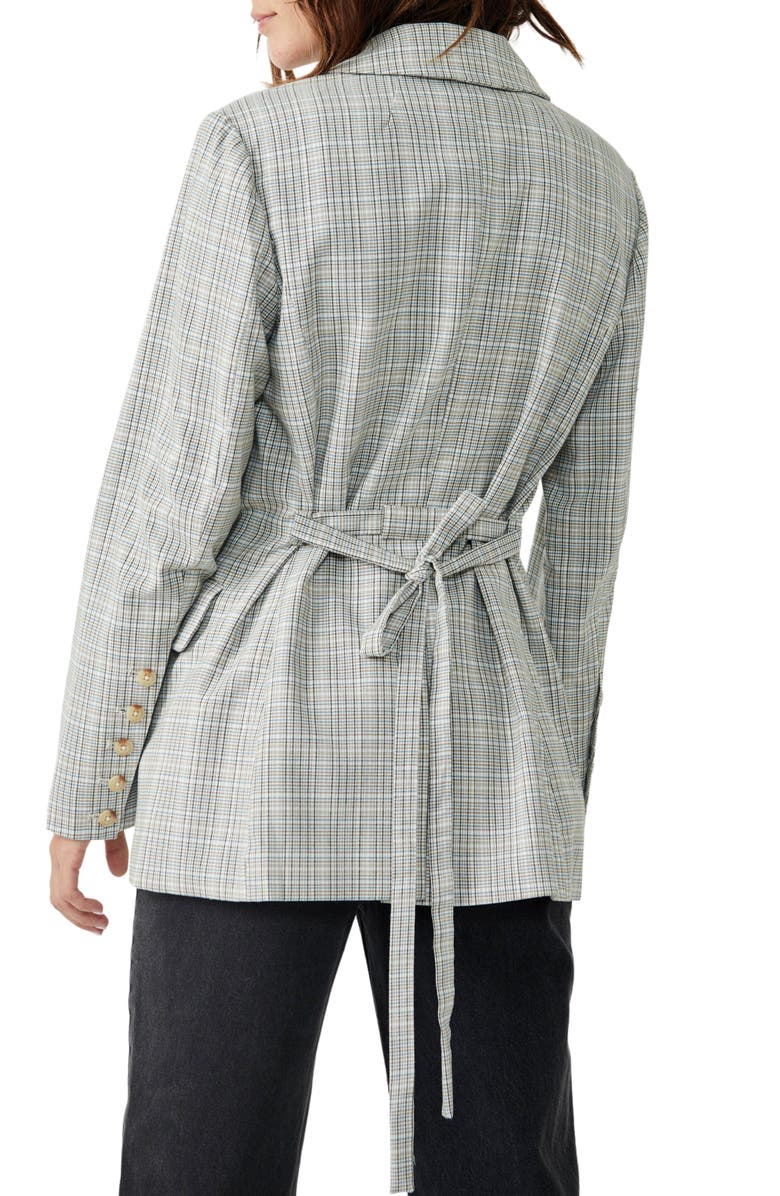 Free People Olivia Tie Waist Plaid Double Breasted Blazer, Alternate, color, Natural Plaid Combo