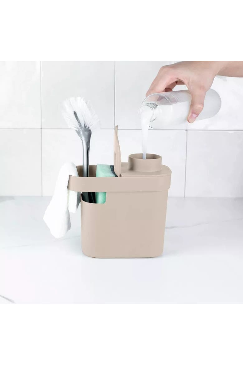 Durable Kitchen Soap Dispenser Organizer with Sponge and Dish Brush Holder, 22 oz, Alternate, color, Beige