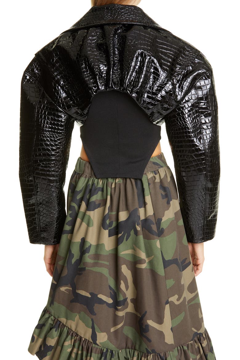 Croc Embossed Faux Patent Leather Crop Jacket, Alternate, color, BLACK