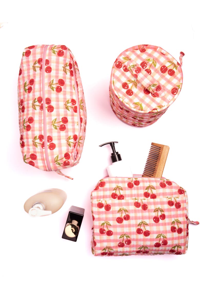 Cherry Round Upright Makeup Bag, Alternate, color, Red Gingham