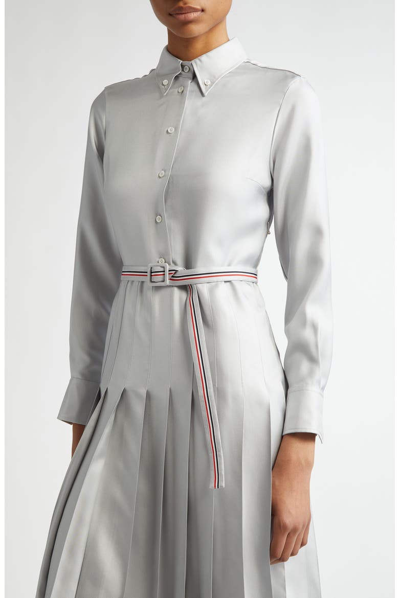 Long Sleeve Pleated Silk Midi Shirtdress, Alternate, color, LIGHT GREY