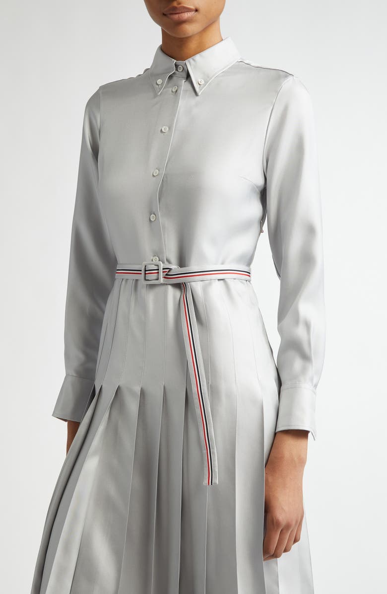 Thom Browne Long Sleeve Pleated Silk Midi Shirtdress, Alternate, color, Light Grey