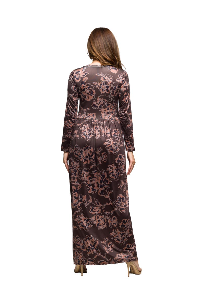 24seven Comfort Apparel Floral Long Sleeve Scoop Neck Maxi Dress, Alternate, color, Brown Multi