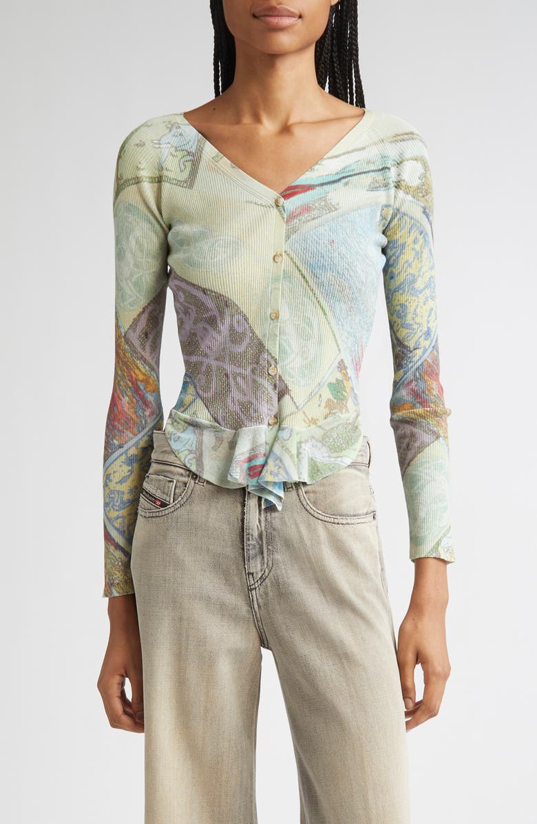 DIESEL<sup>®</sup> Heraldic Print Crop Rib Cardigan, Main, color, Mustard