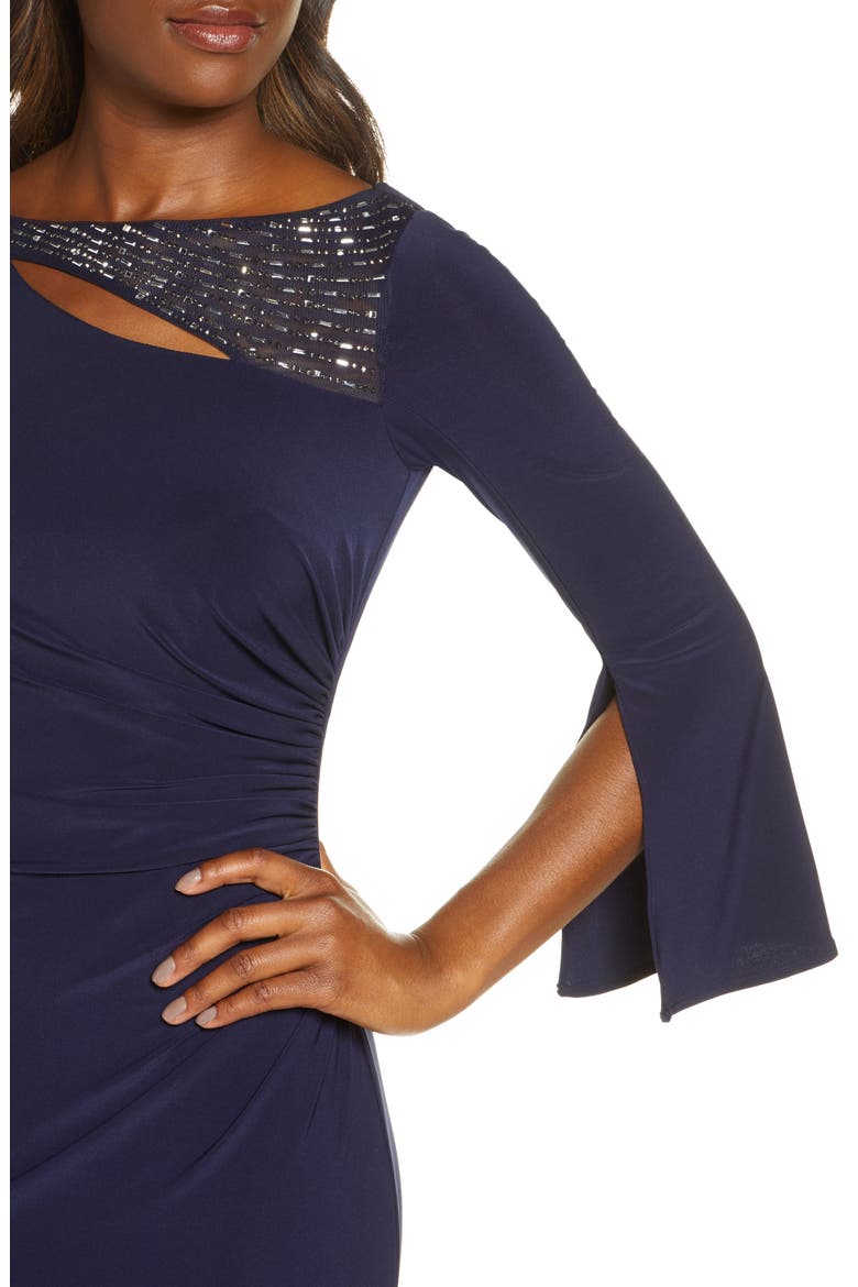 Split Long Sleeve Trumpet Gown, Alternate, color, NAVY