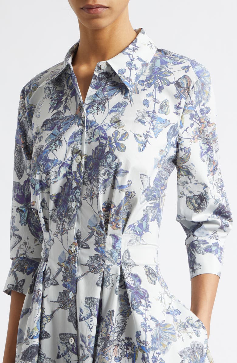 L'AGENCE Journi Pleated Long Sleeve Shirtdress, Alternate, color, Grey Multi Watercolr Butterfly