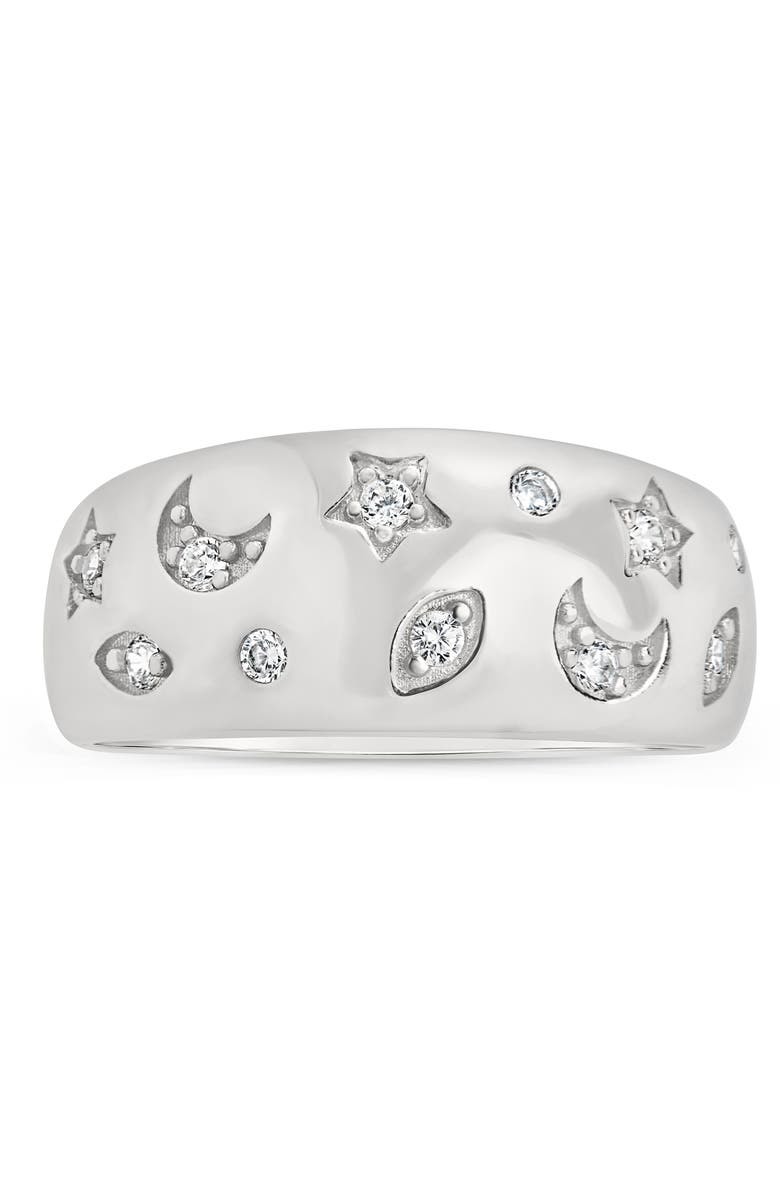 Sterling Forever Star & Moon 14K Gold Plated CZ Dome Ring, Alternate, color, Silver