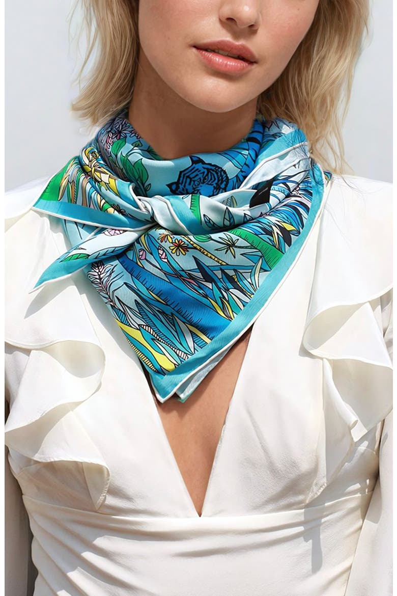 Double Sided Silk Scarf Of Blue Animal Kingdom, Alternate, color, Blue