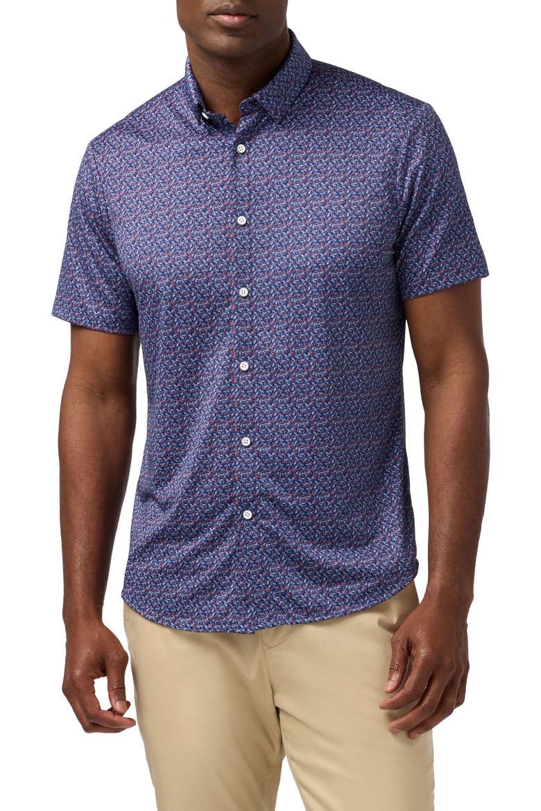 Halyard Trim Fit Navy Variegated Leaf Short Sleeve Performance Button-Up Shirt, Main, color, MIDNIGHT NAVY VARIEGATED LEAF