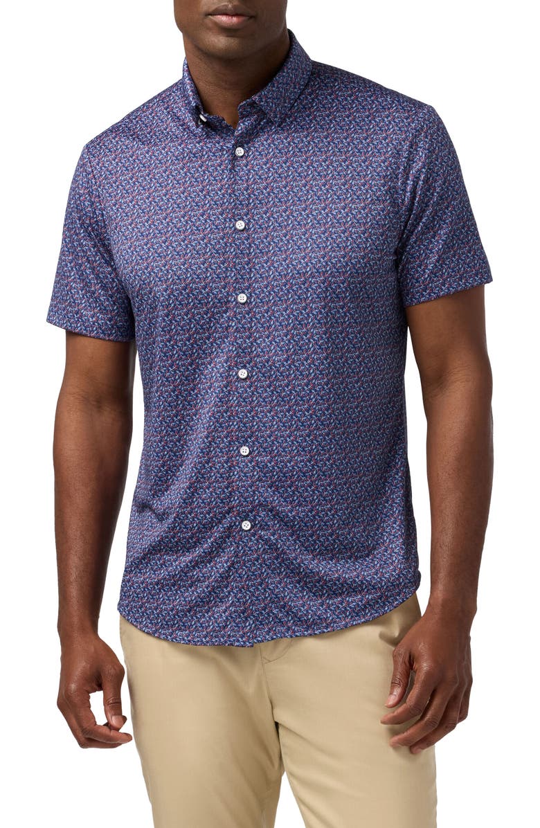 Mizzen+Main Haylard Trim Fit Navy Variegated Leaf Short Sleeve Button-Up Shirt, Main, color, Midnight Navy Variegated Leaf